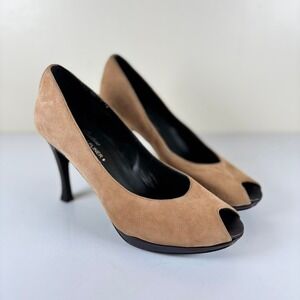 Donald J Pliner Couture Vero Cuoio Leather Tan Suede Peep Toe Heels 7N Italy EUC